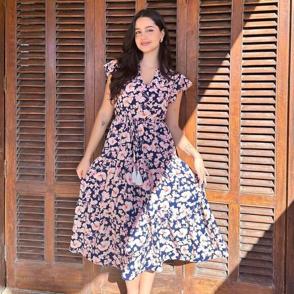 Womens Summer Floral Midi Dresses Short Sleeve Beach Wedding Guest Dress Drawstr - Picture 4 of 4